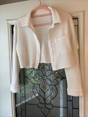 Emory Park Cropped Waffle-Knit Button-Front Shirt Jacket in Cream